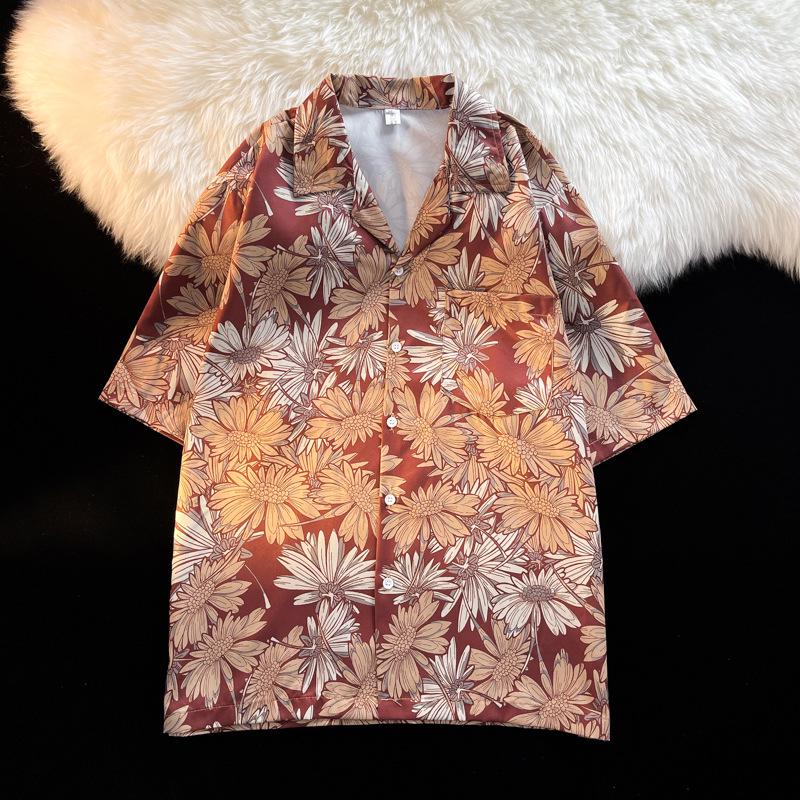Unisex Vintage Kubakrage Blomsterskjorte - Løs passform, Hong Kong-stil, Kort erm, Perfekt for strand og par