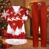 Women's Christmas Print Short Sleeve Scrub Two-Piece Set with Pocketed Top and Pants