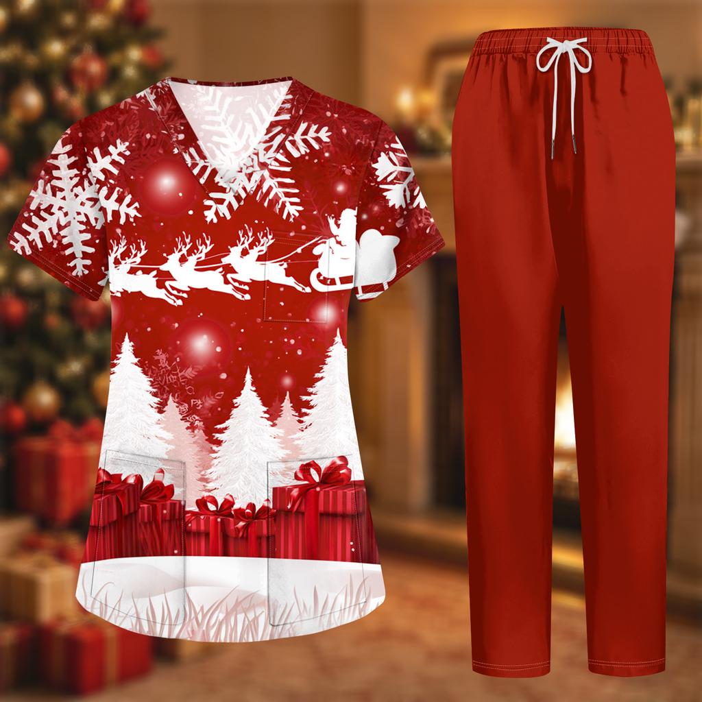 Women's Christmas Print Short Sleeve Scrub Two-Piece Set with Pocketed Top and Pants