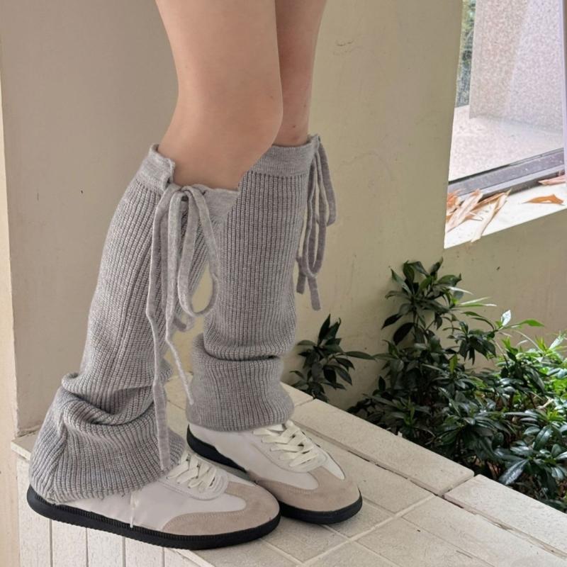 Women Ribbed Knitted Leg Sleeves with Ties Drawstring for Winter Warmth Vertical Striped Leg Warmers Footless Boot Socks