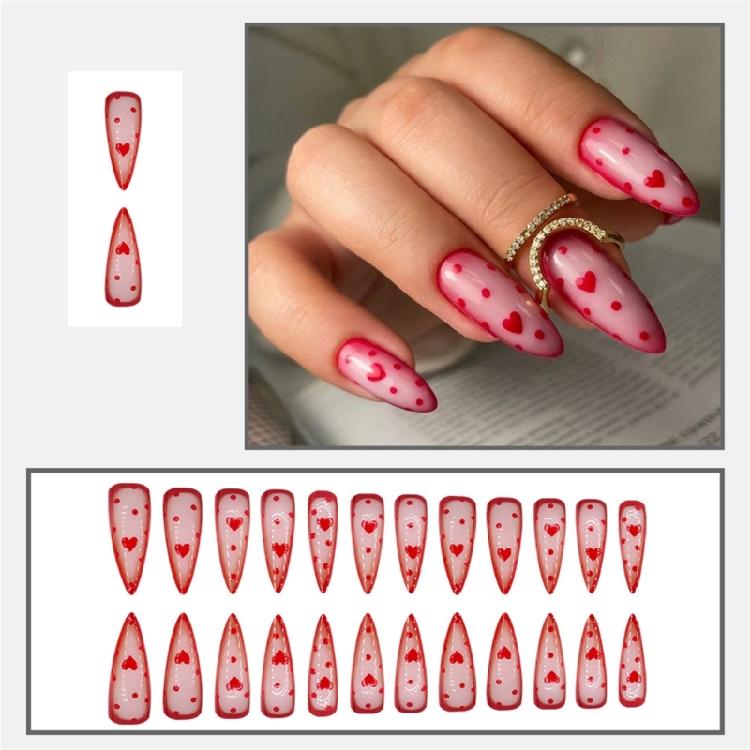 Press on Nail Stilettos Almond Fake Nail French Full Cover Acrylic False Nail Valentine Design Fake Nail for Women Girls