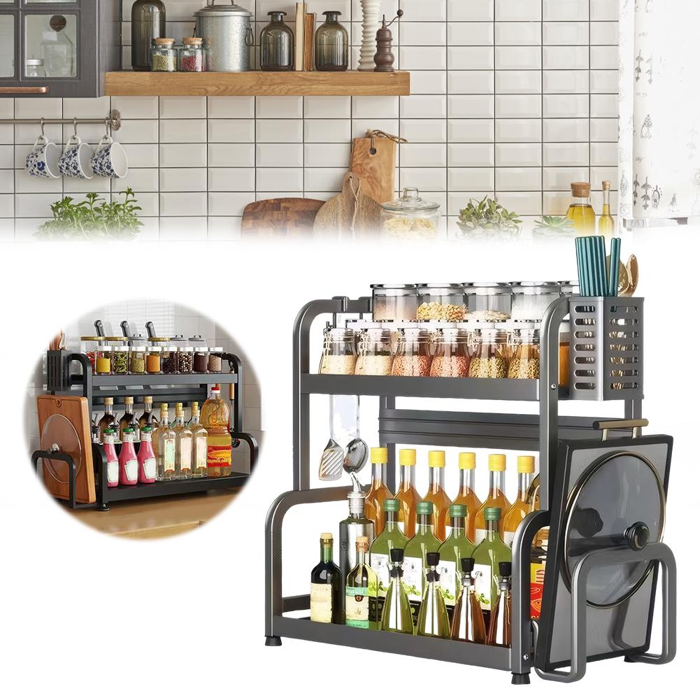 2/3 Layer Seasoning Organizer Carbon Steel Seasoning Bottle Rack with 4 Hooks Countertop Organizer Multi-Function for Kitchen