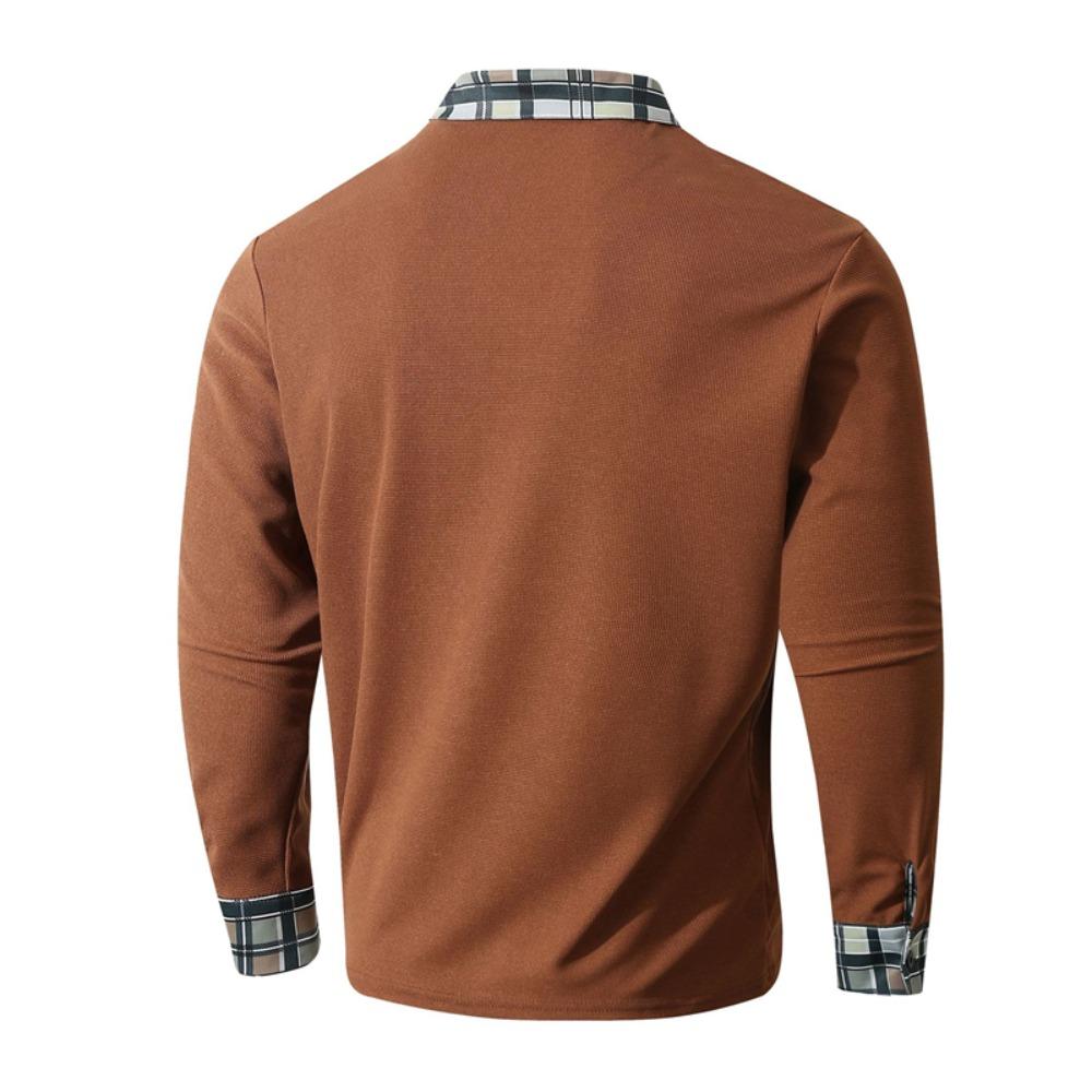 Men's Outdoor Breathable Turn-Down Collar Polo Shirt Male Breathable Casual Long Sleeve Plaid Pullover