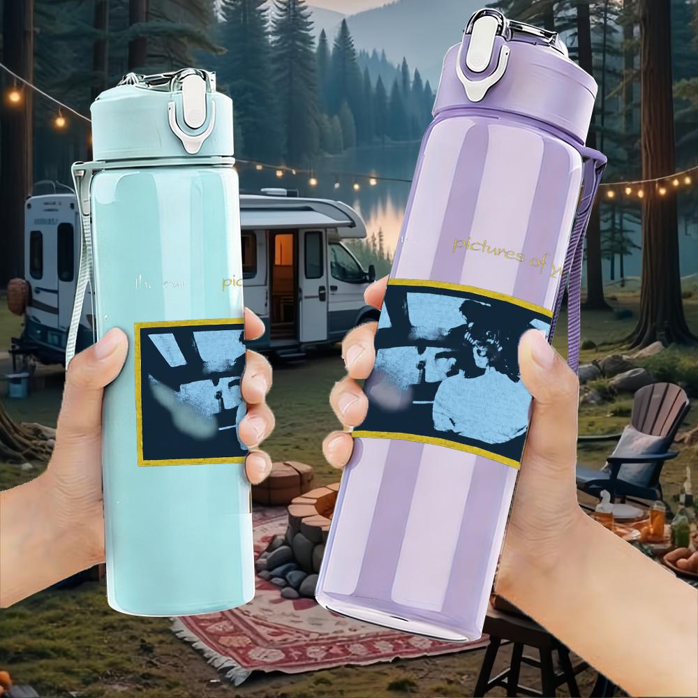 1PC Blue rectangular band album cover print 750ml colorful plastic sports water bottle leakproof pop up lid with straw for outdoor work home use