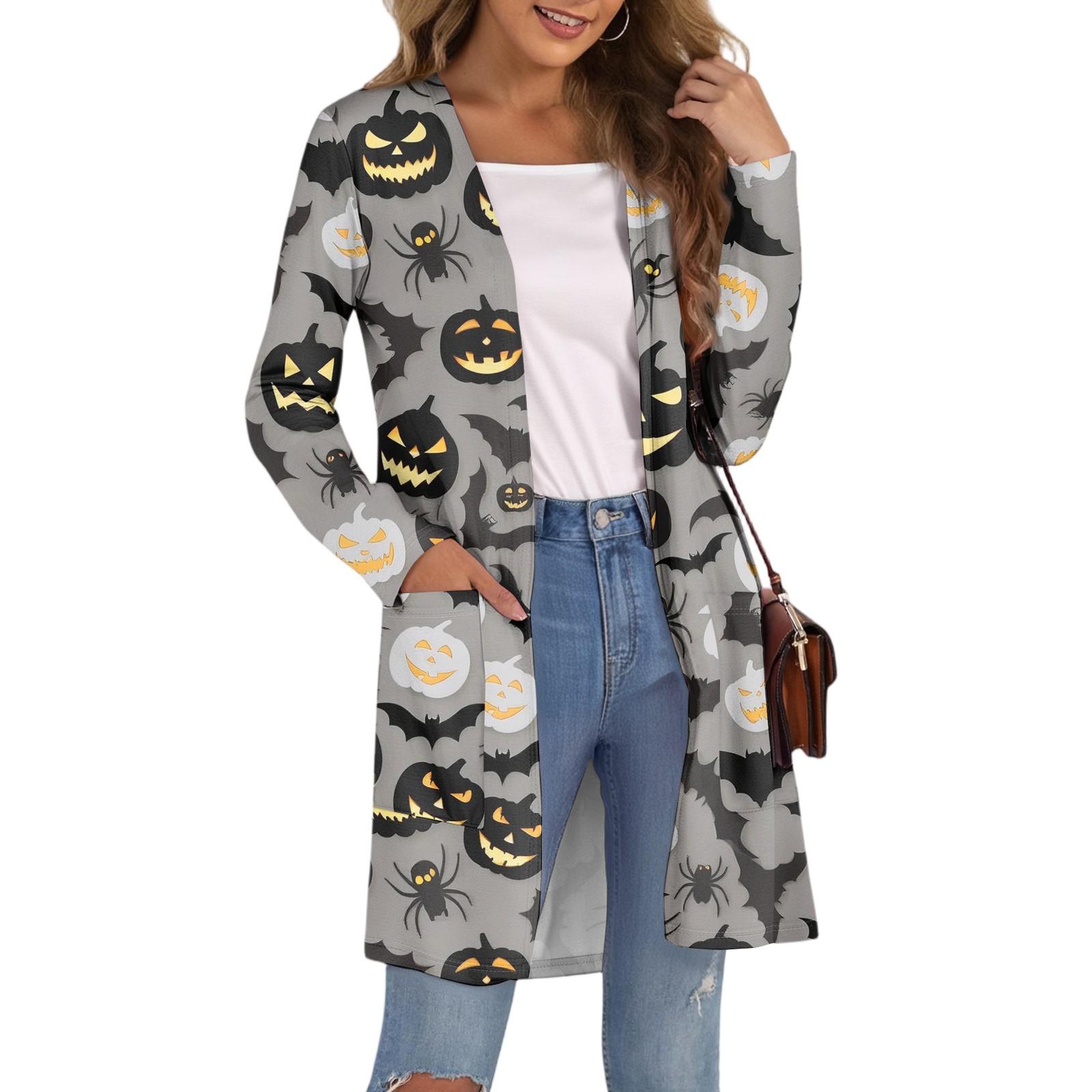 

Женский модный повседневный удобный кардиган средней длины с принтом на Хэллоуин и карманами XXL