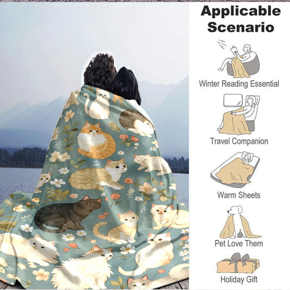 1pc Cats Flowers Lightweight Flannel Blanket, Comfortable and Warm Blanket, for Office and Camping Sofa Bed, Livingroom107