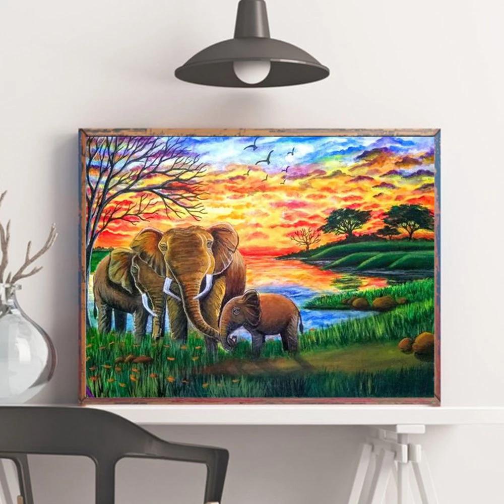 5D-Diamantmalerei zum Selbermachen, Elefant, Strass-Set, komplett quadratisch und rund, Diamantstickerei, Tiermosaik, Sonnenuntergang, Heimdekoration