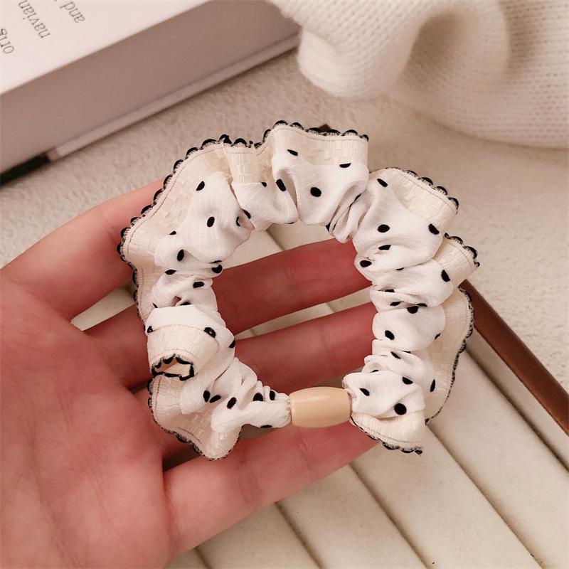 Korean Lace Polka Dot Pearl Scrunchie: Artistic Elastic Hair Band Accessory.