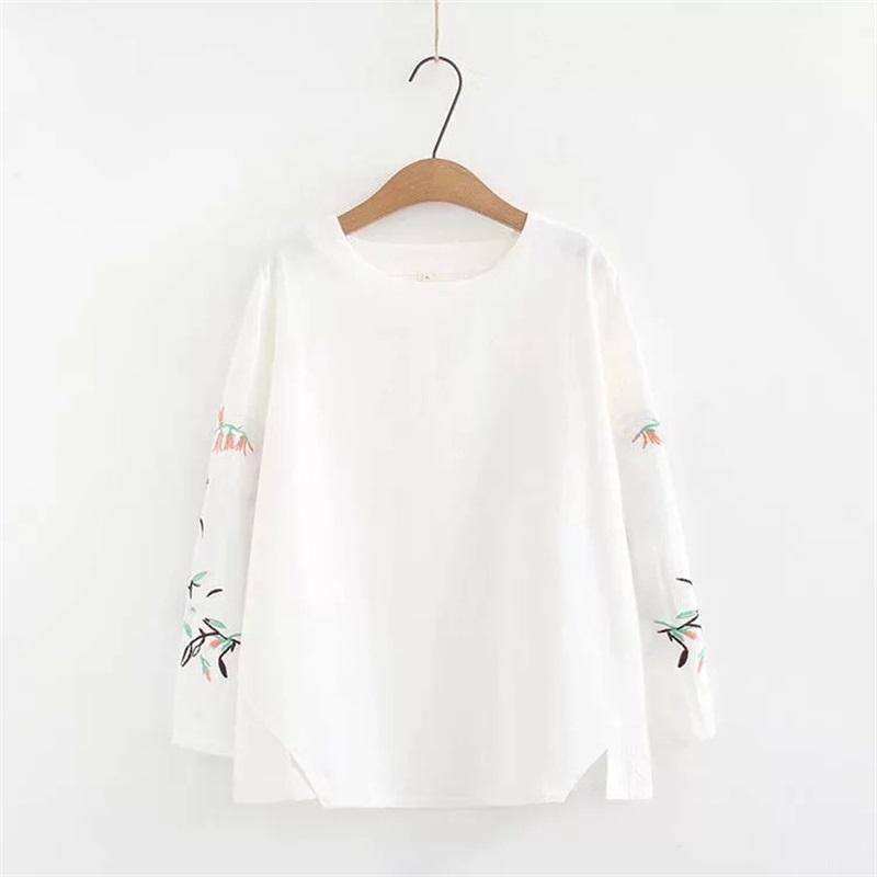 Women's Casual Long Sleeve Top With Botanical Embroidery Soft Breathable Blouse