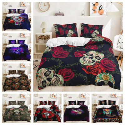 Quilt Cover Rose Skull Bed Cover Digital Printing Bedding Three-Piece Set