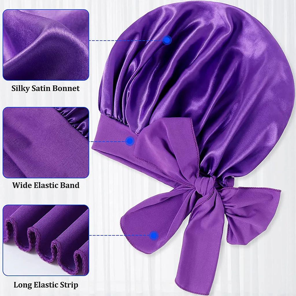 Women Satin Widened Sleep Hat Night Sleep Cap with Long Streamer Hair Care Bonnet Nightcap Shower Turban