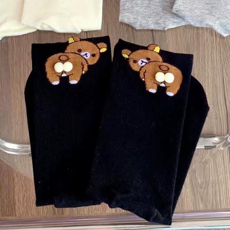 

1 пара трехмерных удобных хлопковых носков с мультяшным многоэлементным дизайном, приятных к коже, с маленьким медведем и яйцами чёрный