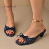 Fashion Navy Blue Tweed Square Toe Bowknot Mule Sandals Woman Brand Design Low Heel Slide Slippers Ladies Elegant  Party Dress Shoes