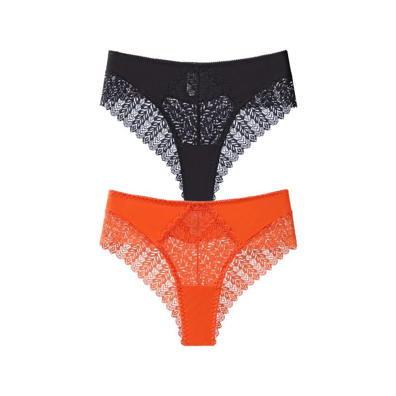 TERMEZY 2Pcs/Lot Sexy Mid Rise Patchwork Briefs Hollow-out Lace Pattern Panties Solid Color Breathable Skin-fit Briefs