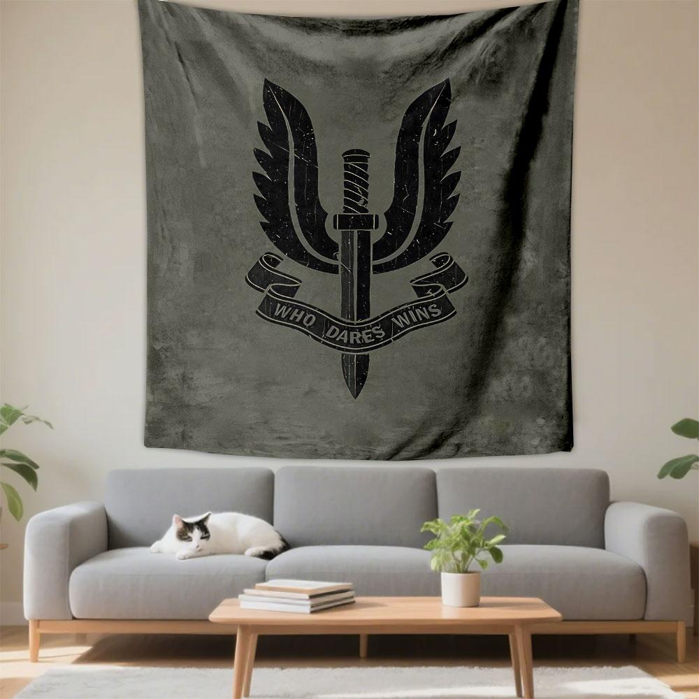 Who Dares Wins SAS Emblem Tapestry Wall Hanging, Special Forces Badge Art, Military Wall Decor for Bedroom Living Room Man Cave