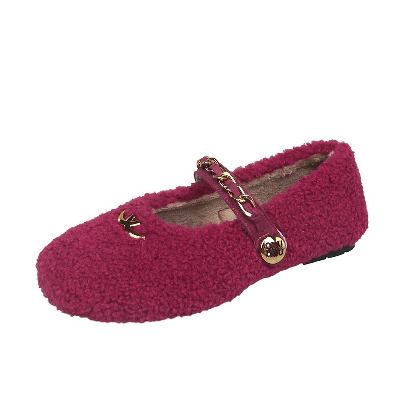 Fashion Aphixta Metal Chain Dec Slip On Flats Soft Fleeces Shoe Shallow Furry Flat With Women Loafers  Slip On Warm Winter Casual Shoes
