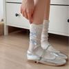 Ladies Spring and Autumn Lovely Plaid Small Bow Ribbon Solid Color Lace Medium Cylinder Pile Pile Socks