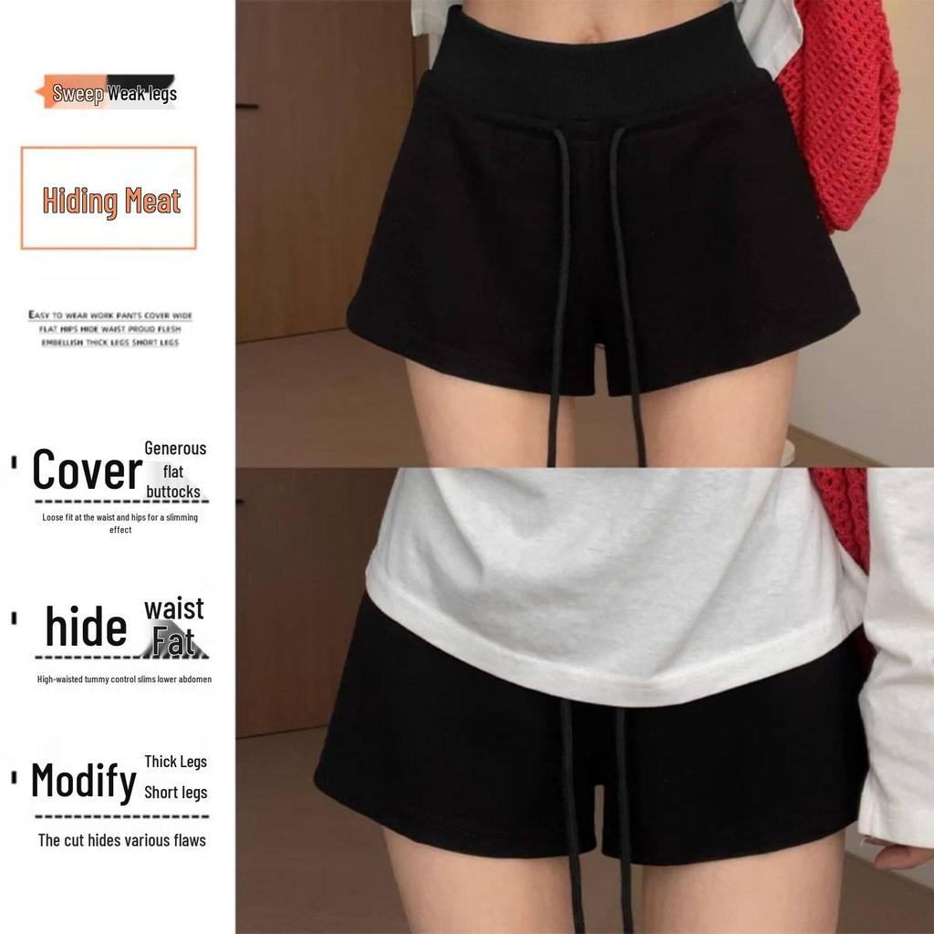 Women's Plus Size Low-Waist Black Drawstring Sports Shorts - Spicy, Slimming, Hip-Hugging, Casual Hot Pants for Autumn