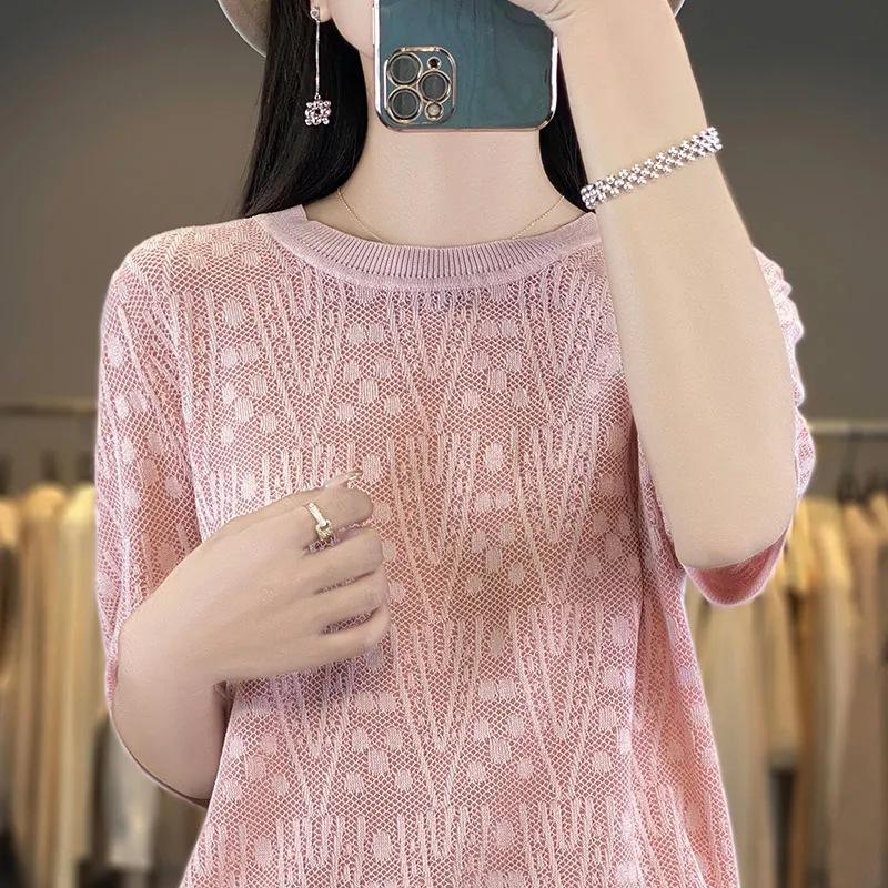 Summer Round Neck Pullover T-shirt Loose and Slimming Temperament Short Sleeved Knitted Shirt