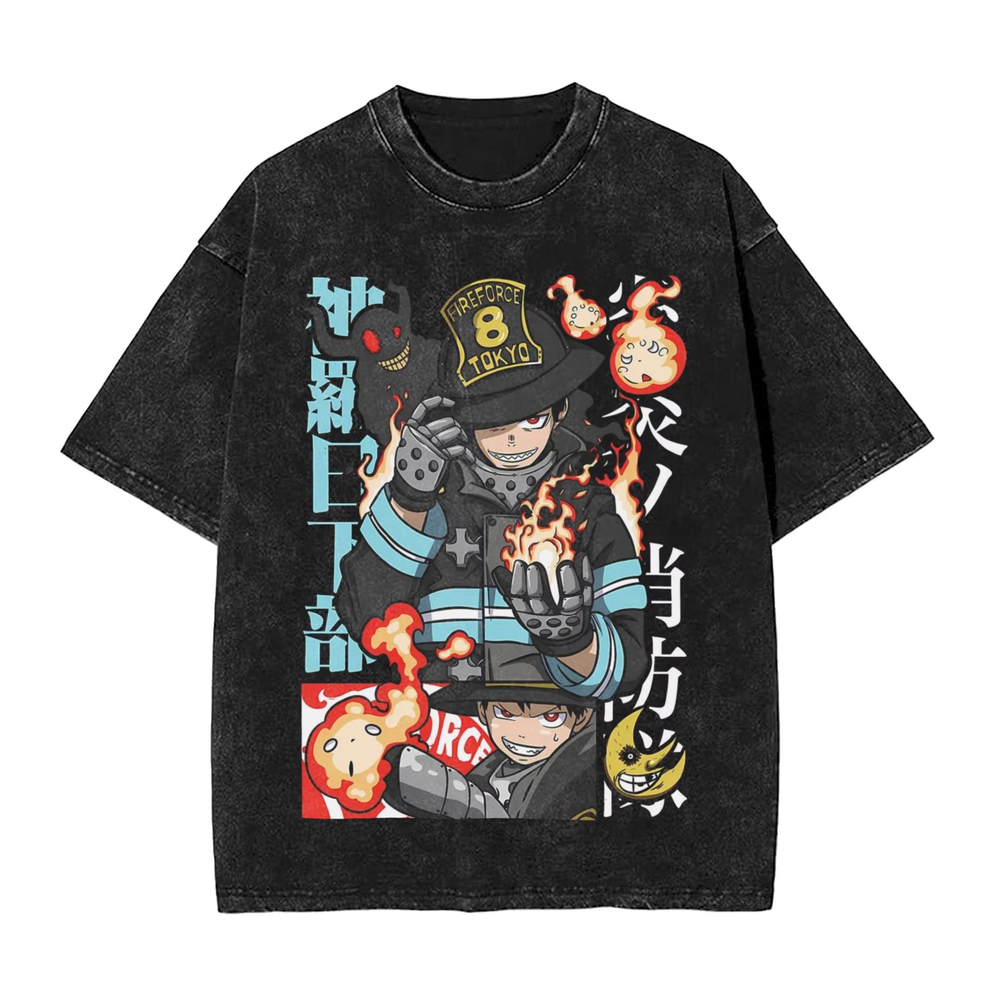 Fire Force Shinra Kusakabe Unisexga Graphic Print TShirt Vintage Washed Crewneck Cotton Unisex Women Tee New Streetwear Oversized Tee L