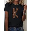 European Size Women'S Black Leopard Print Distressed Graphic T-Shirt with Red Letter K - Short Sleeve Top, Animal Print & Text Design, All-Season Fit