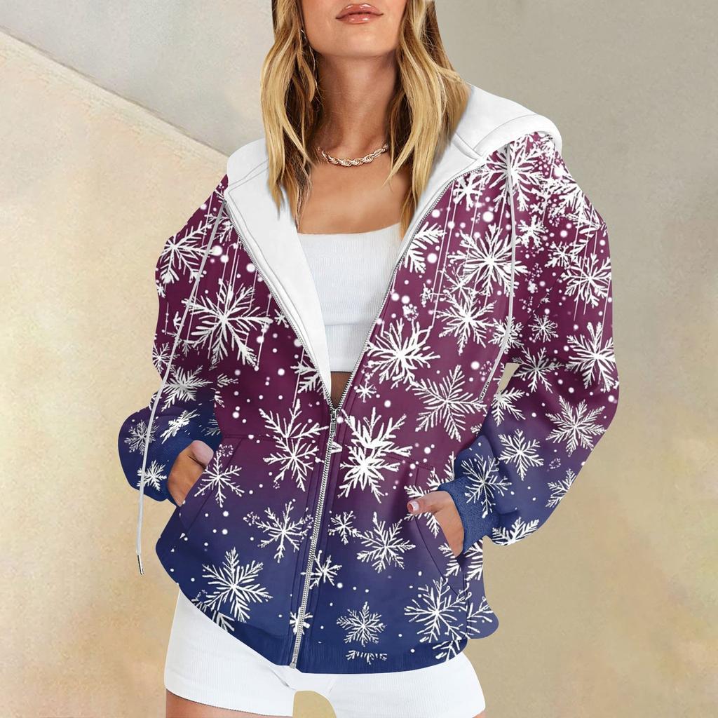 Damenmode Casual Weihnachtsdruck Sweatshirt Herbst Winter Langarm Cardigan Jacke Mit Tasche Reißverschluss Hoodie Jacke