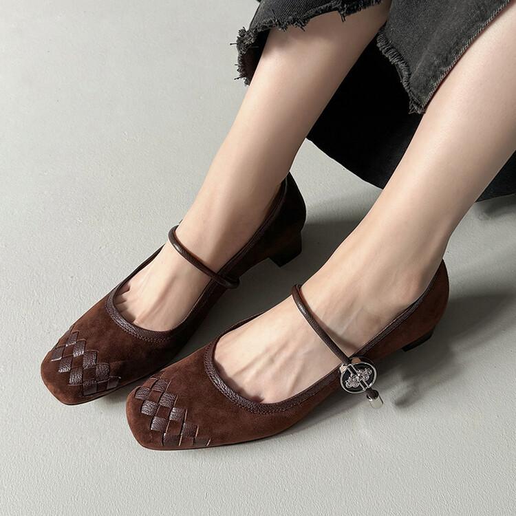 2025 Autumn New Retro Square Head Woven Light Mouth Single Shoes with Medium Heel Thick Heel Mary Jane Shoes Fashion Shoes Women