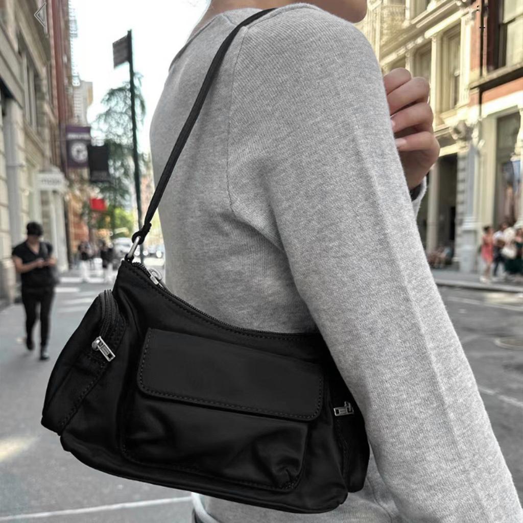 Women Nylon Multi-Pockets Handbag Casual Underarm Bag Lightweight Retro Korean Styles Commuting Shoulder Bag for Daily Travel