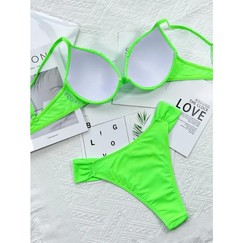 Bikini 2025 Sexy Push Up Pleated Fluorescent Green Swimwear Swimsuit Women Bikinis Set Bathing Suit Beach Bikini Female Biquinis