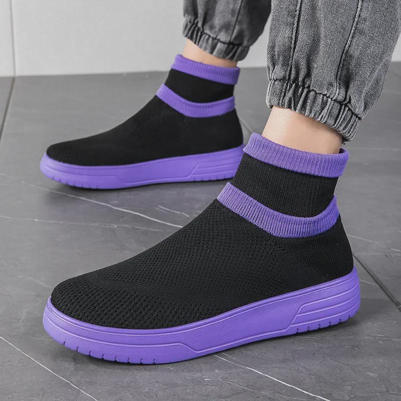 Autumn Breathable Mesh High-Top Casual Couple Socks Shoes - Men's Thick-Soled Flying Woven Sports Sneakers