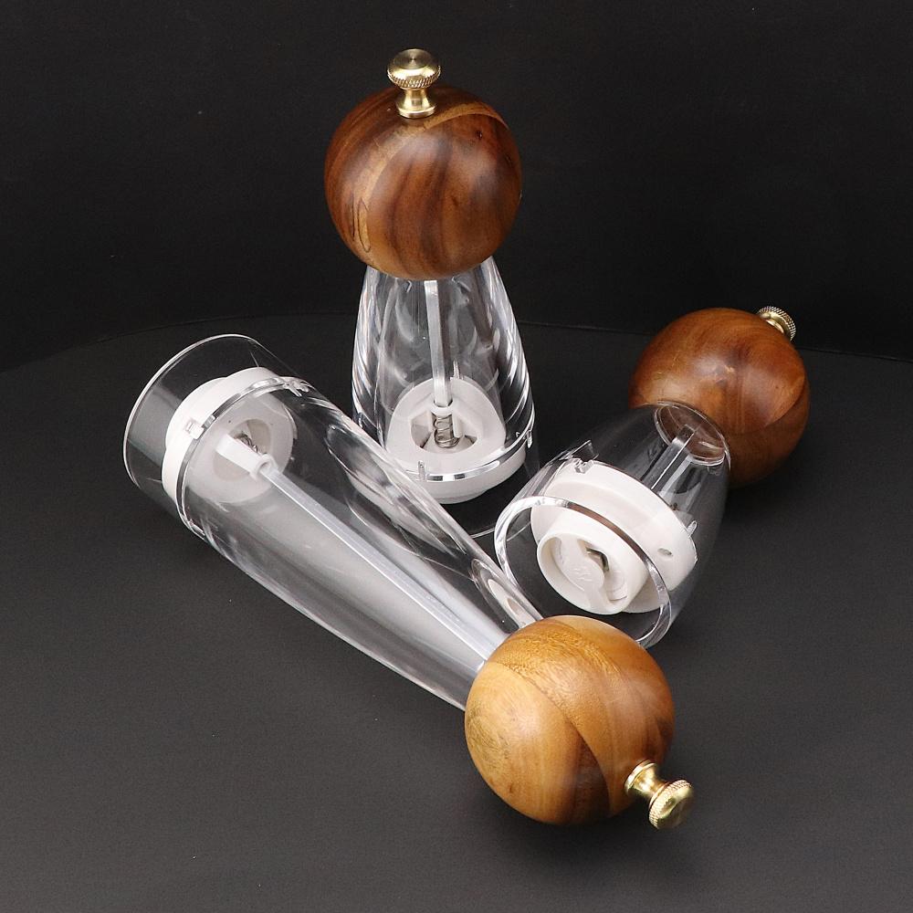 Salt Pepper Grinder Wooden Shakers with Adjustable Ceramic Core Transparent Acrylic Manual Salt and Pepper Mill