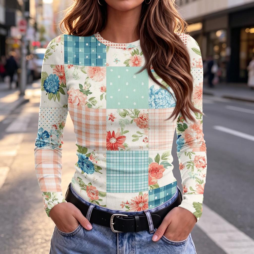 Women's Slim Fit Plaid Floral Print Long Sleeve Round Neck T-Shirt for Casual Wear