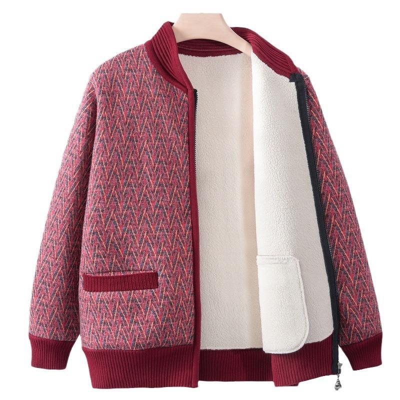 Mom Spring Knitted Sweater Women's New Middle-aged and Old Velvet Cardigan Top Spring and Autumn Grandma Sweater Jacket