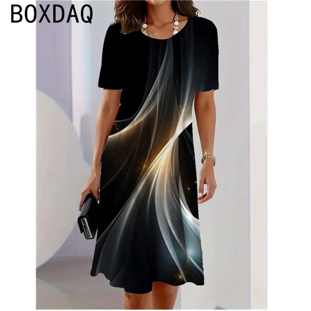 Fashion 3D Colorful Line Stripe Gradient Printed Dress Casual O-Neck Short Sleeve Loose A-Line Dress Oversized Women Clothing