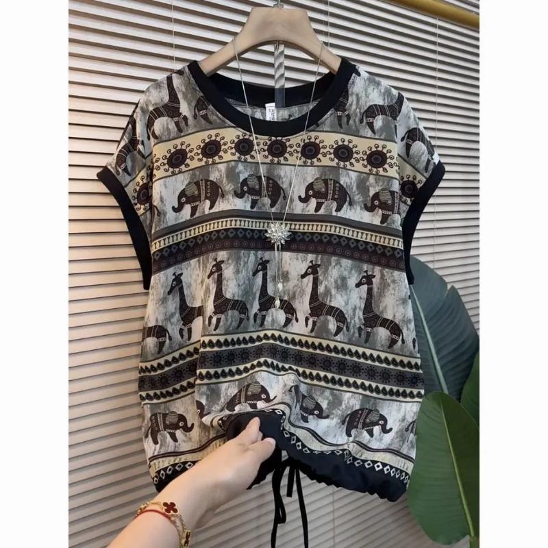 Women African Animal Print Contrast Trim Crew Neck Drawstring Hem Short Sleeve T Shirt