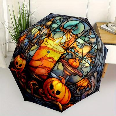 Halloween Stained Window Panel with Pumpkins and CandleUmbrella, Portable 3-Fold Compact Umbrella,Christmas Gift ES467
