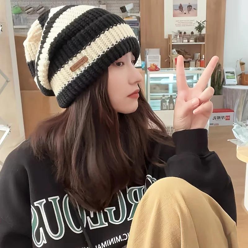 Koreanische Mode Gestreifte Strickmütze Trend Leichte Mütze für Damen Herren Warm Winddicht Herbst Winter Geeignet für Outdoor Radfahren