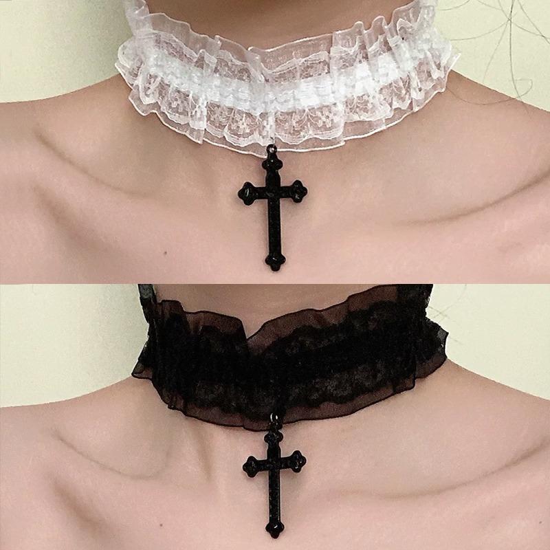 Lolita Neck Lace Trim Choker Necklace Cross Pendant Collarbone Chain Lace Collar Gothic Y2K Sweet Accessory for Women Girls New