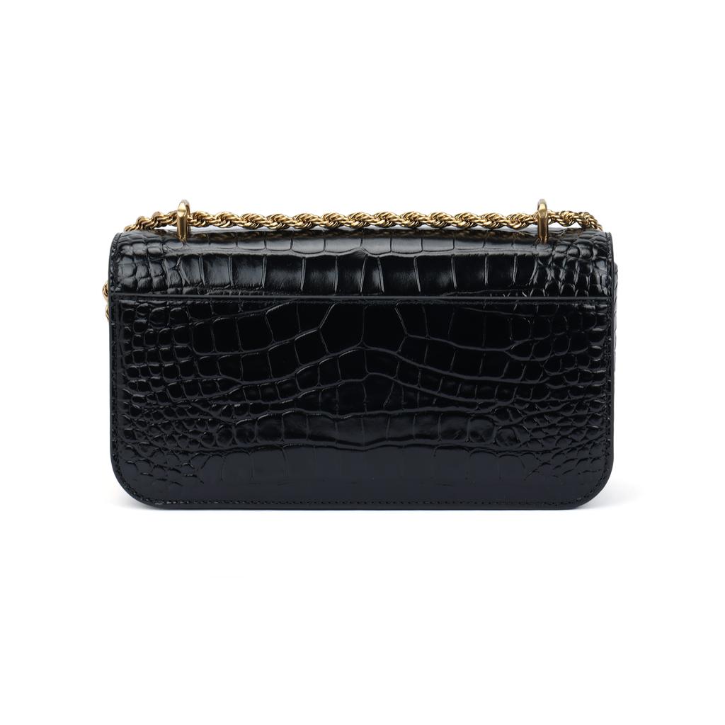 Tory Burch Eleanor Solid Double T Logo Crocodile Pattern Flap Chain Leather Handbag Women Handbags Black Gold 152261-890