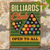 Vintage Billiards Club Metal Wall Art  Retro Tin Sign with Colorful Pool Balls Design  Open To All Text  Durable Garage