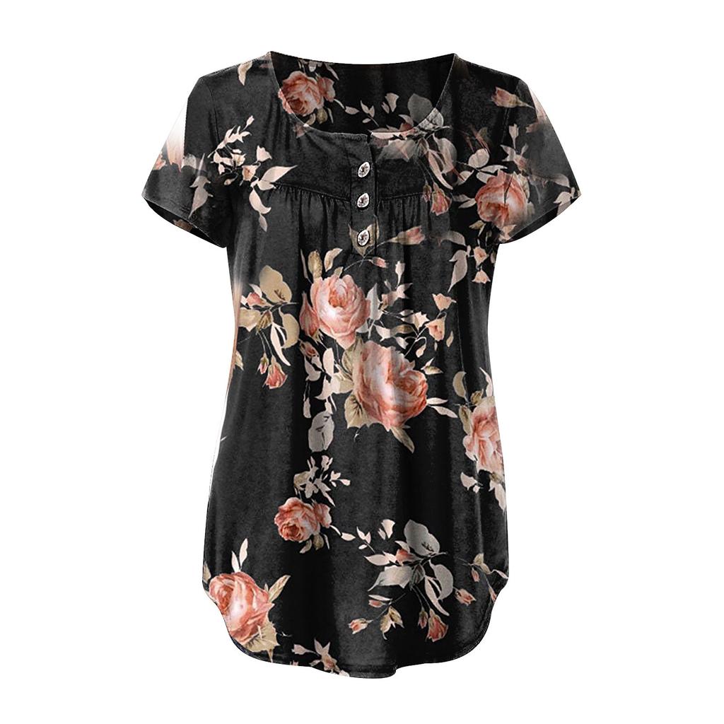 Women's Summer Casual Flower Print Short-sleeved Loose O-neck A-line Swing Top