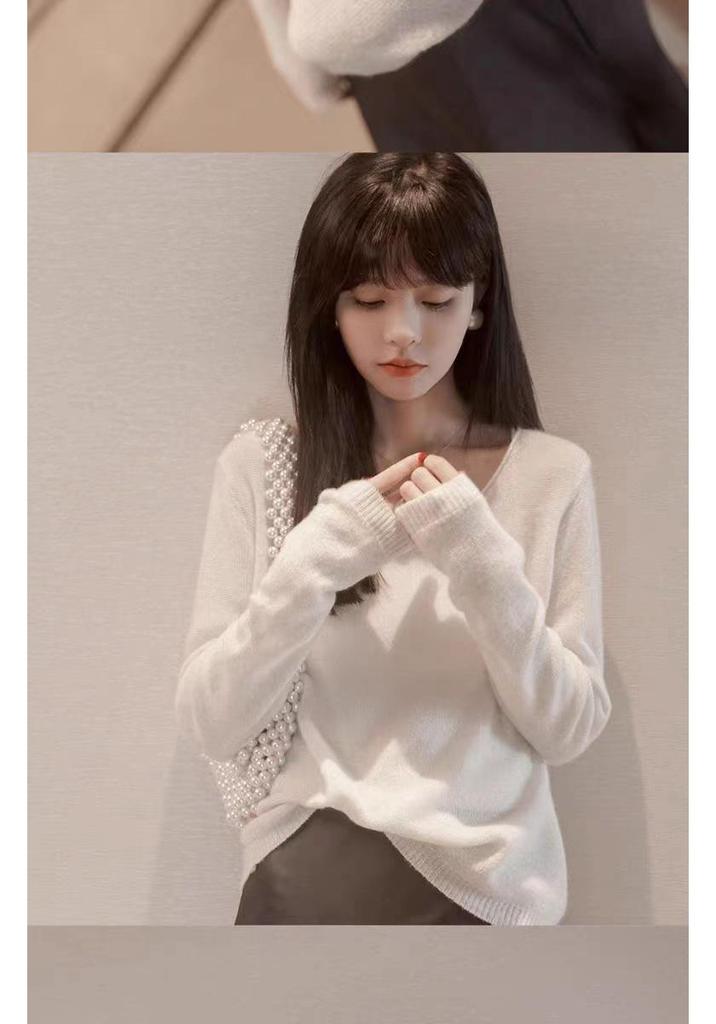 Women's V-Neck Sequined Knit Cashmere Sweater - Loose, Slimming, Long Sleeve, Short & Thin Korean Style for Spring/Autumn