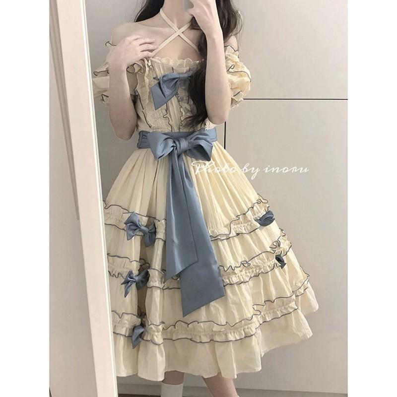French Sweet Lolita Bow Splicing Dress Women High Waist A-Line Midi Party