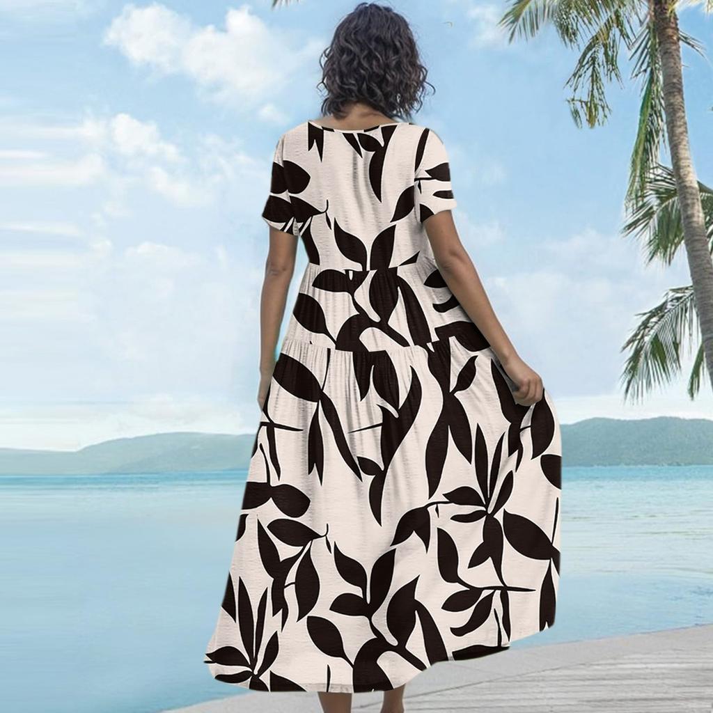 Women Casual Loose Bohemian Floral Dress Short Sleeve Long Maxi Summer Beach Swing Dress