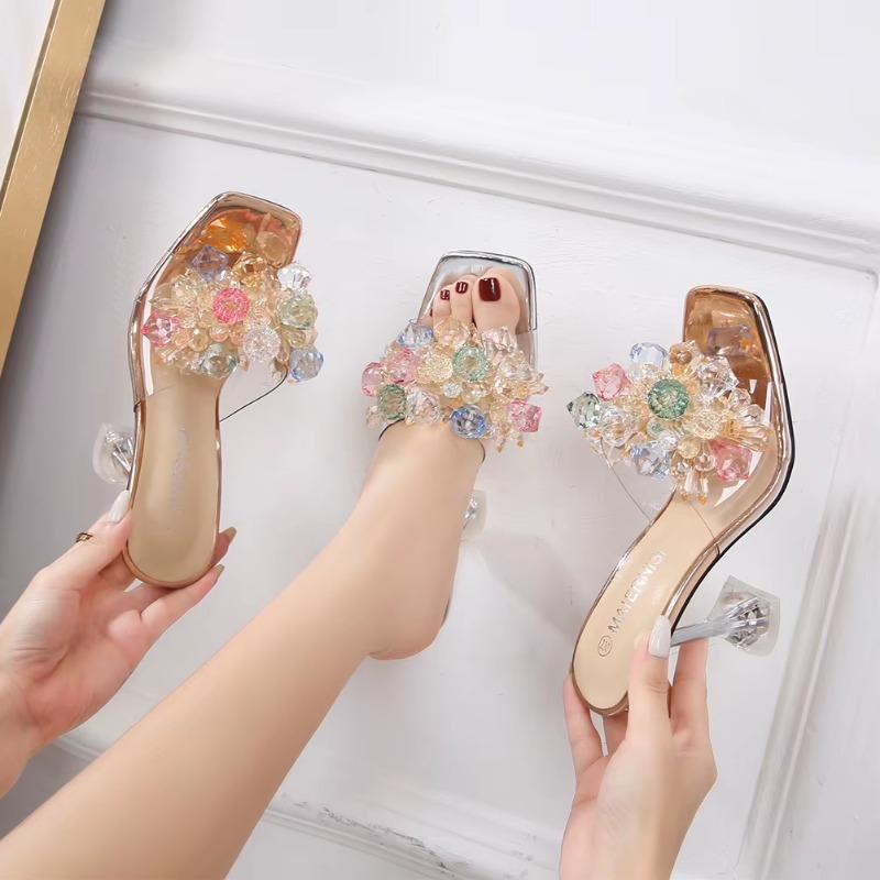 Fashion Slippers Transparent PVC Crystal High-heeled Sexy Casual Shoes Plus Size Women Open Toe Transparent Slippers