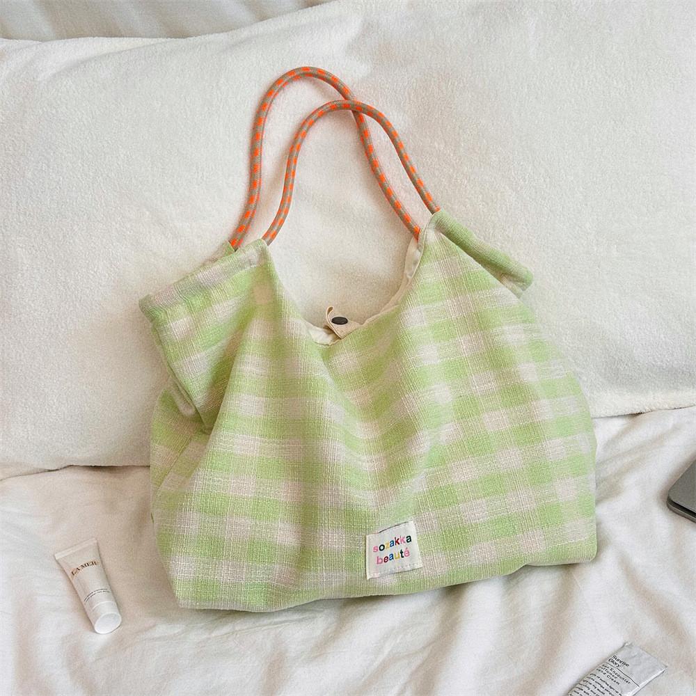 

Trendy Plaid Cotton Linen Tote Bag With Drawstring In Multiple Colors For Everyday Use Green Plaid