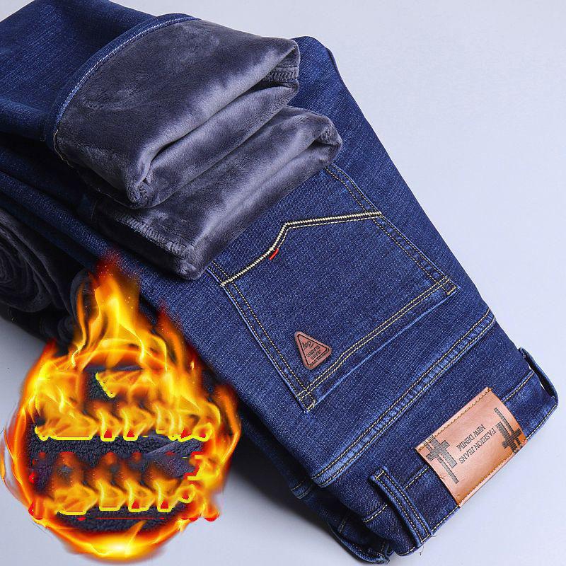 

Зимние мужские теплые облегающие джинсы, деловые модные утолщенные джинсовые брюки, флисовые эластичные фирменные брюки, черные, синие 32