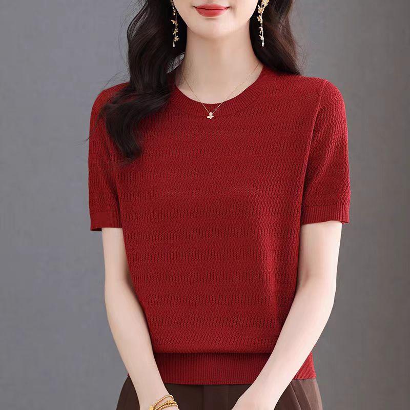 Women's Ice Silk Knitted Bottom Shirt Round Neck Loose Thin Short Sleeve T-shirt Hollow Top