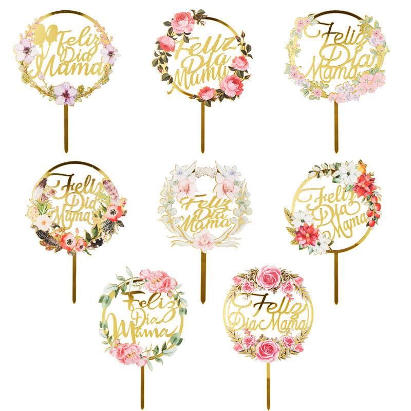 1Pcs Acrylic Feliz Dia Mama Spanish Language Cake Topper For Mothers Day Flower Party Scene Dessert Adornment