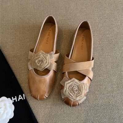 Sheepskin Version Retro Polished Camellia Mary Jane Single Shoes Flat Cross with Light Mouth Versatile Leather Ballet Shoes